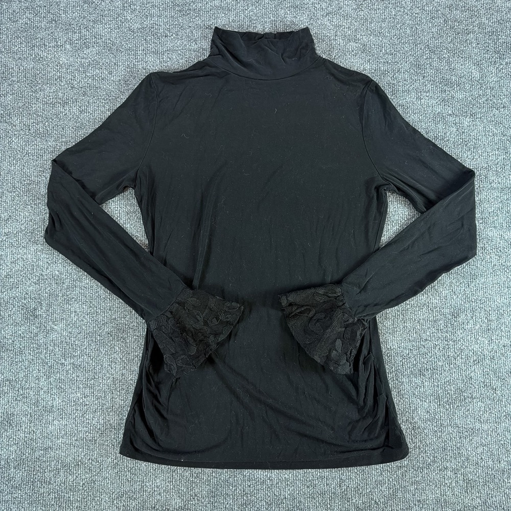 PattyBoutik Black Turtleneck Lace Bell Cuff Ruched Top Womens Large Whimsigoth